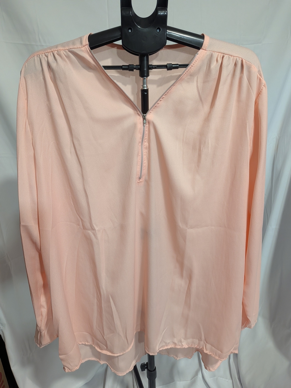 Women's Peach Long-Sleeve V-Neck Blouse with Front Zip Detail